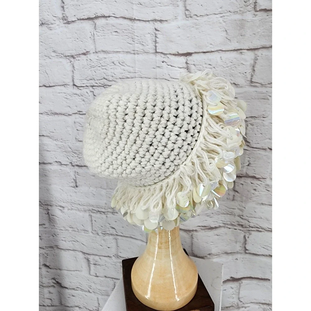 Vintage Crochet Beanie Hat Shimmer Paillettes Twee Euro Winter Chic Winter White